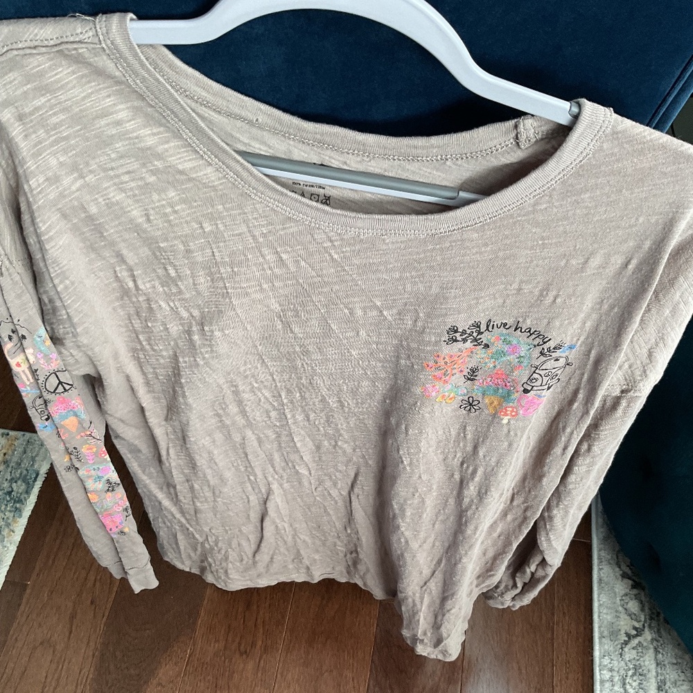 Natural Life Soft Beige/Tan Long Sleeve Tee with Flowers